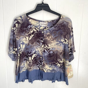 Red's Threads Crinkle Button Blouse XL Purple Floral Boho Ruffle Hem Cottagecore